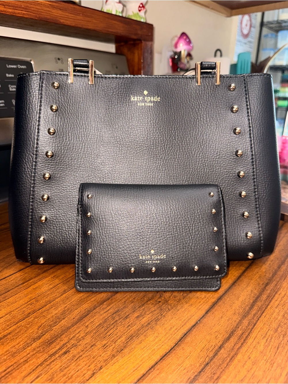kate spade Black Pebbled Leather Tote and bifold with silver m Stud Accents